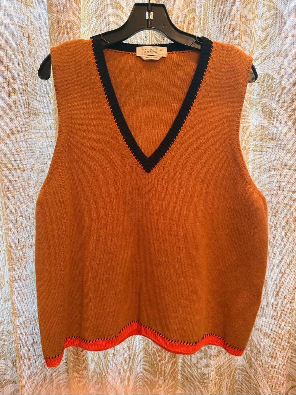 Gabriela Hearst Rust V-Neck Sweater Vest with Black Trim and Orange Hem